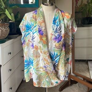 Floral sheer dolman sleeve faux wrap blouse, XL